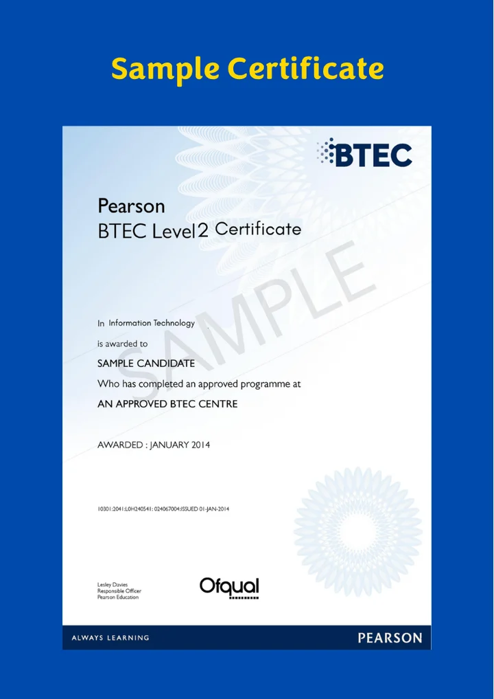 First page of the supplied Pearson Level 2 Information Technology sample