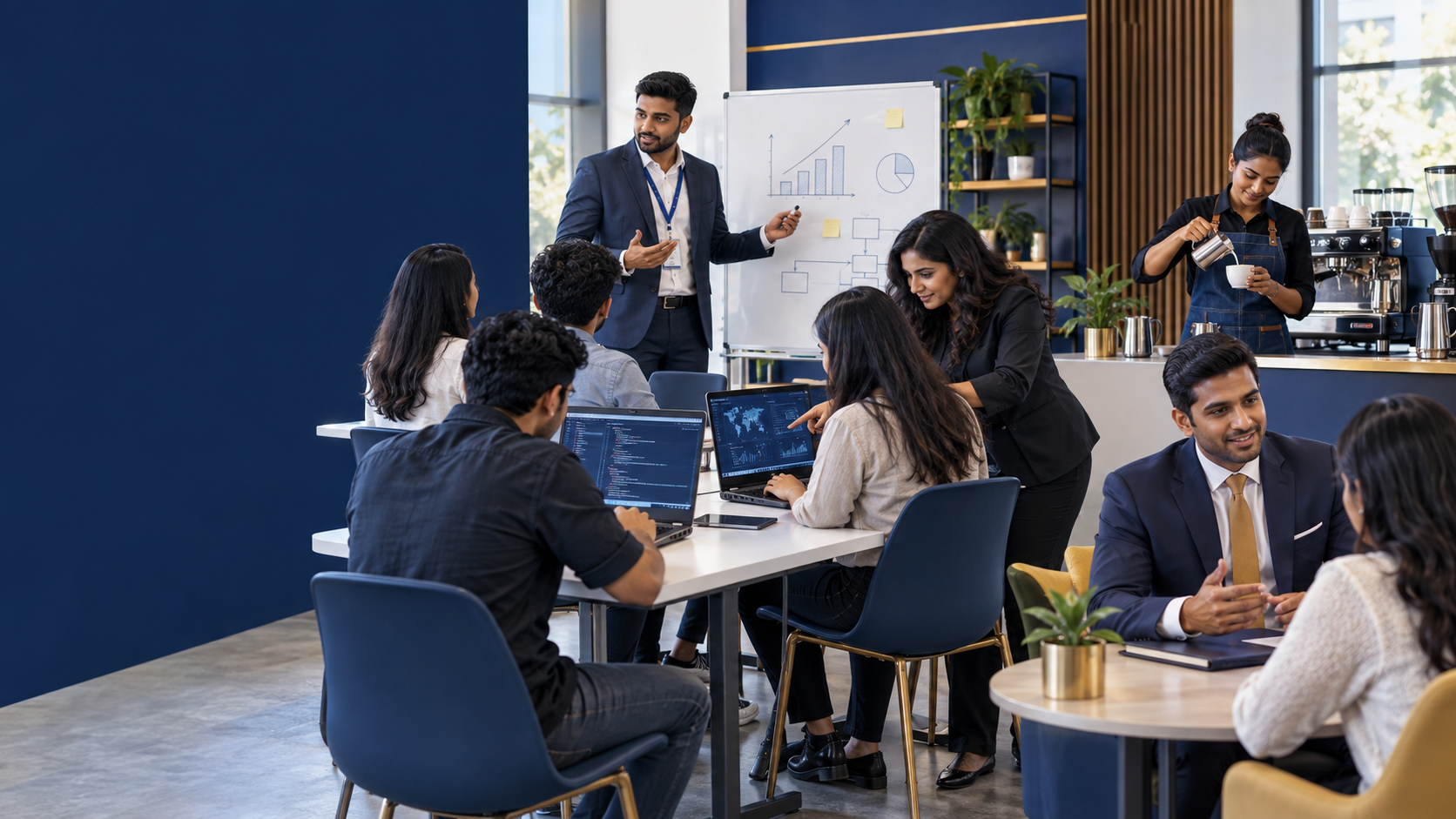 ILT recruitment scene showing business teaching, digital technology and information technology learning, barista training and a sales consultation